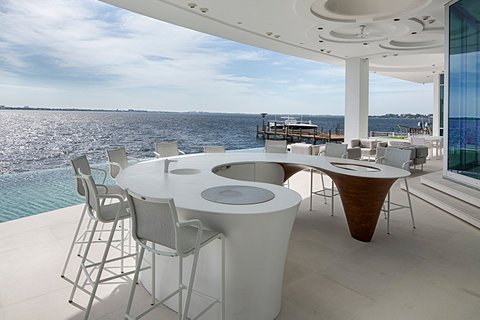 Modern waterfront patio with a panoramic view of the ocean